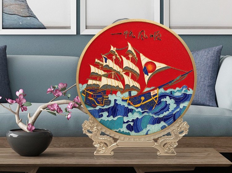 一帆顺风景泰蓝圆盘 一帆顺风景泰蓝圆盘